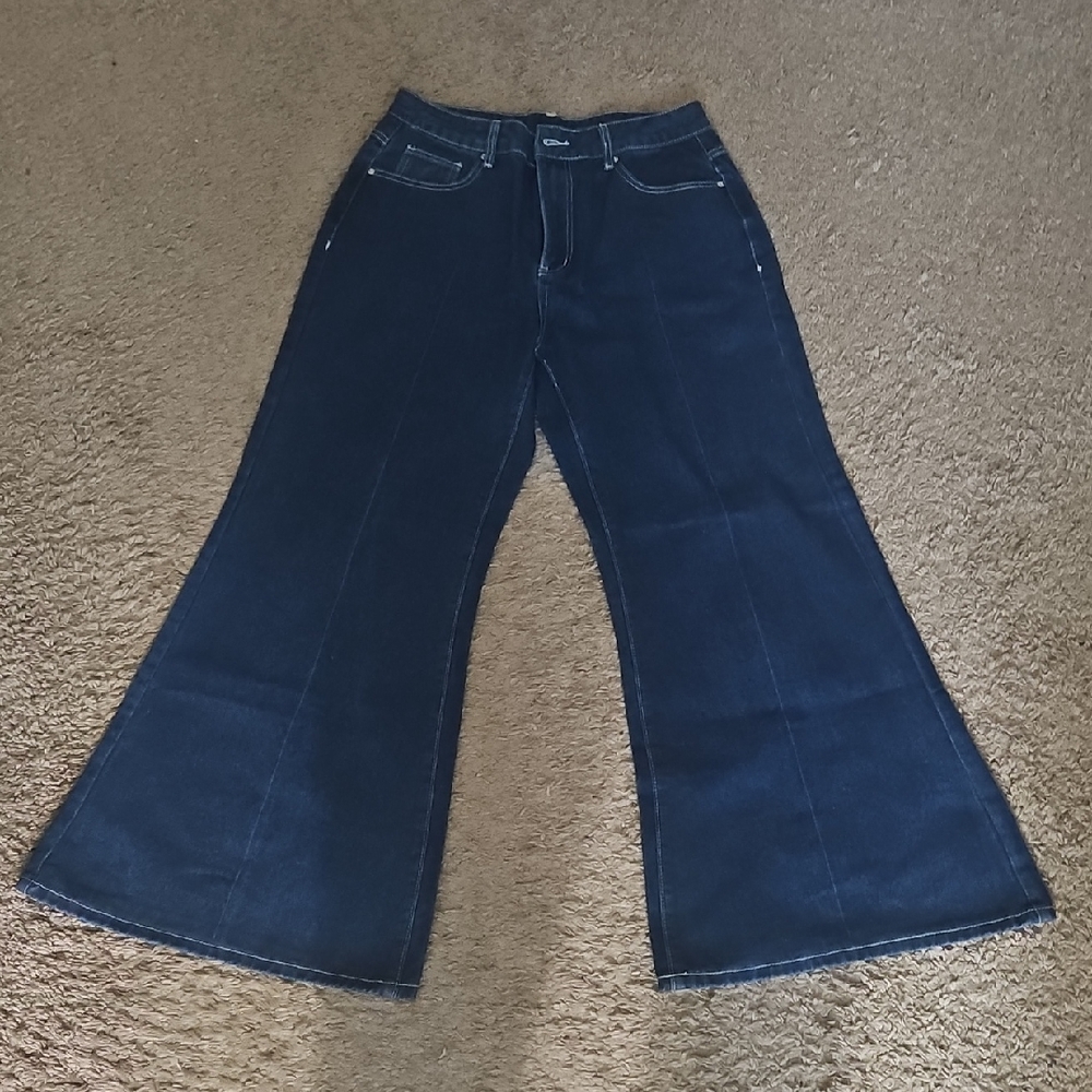 Wide-Leg Dark Blue Jeans